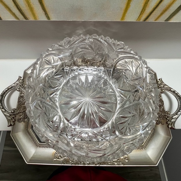 Large Bohemian 24% Lead Crystal Bowl Pinwheel Star Pattern Glass Vintage - Picture 3 of 7